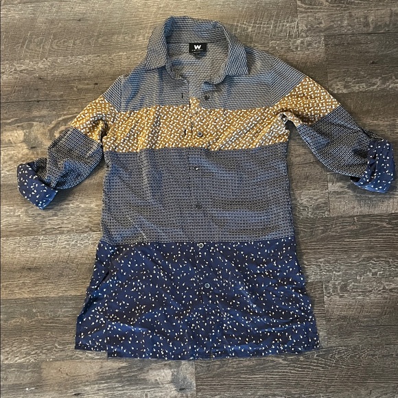 W by Worth Tops - Blue and Gold Patterned Button-Up Shirt